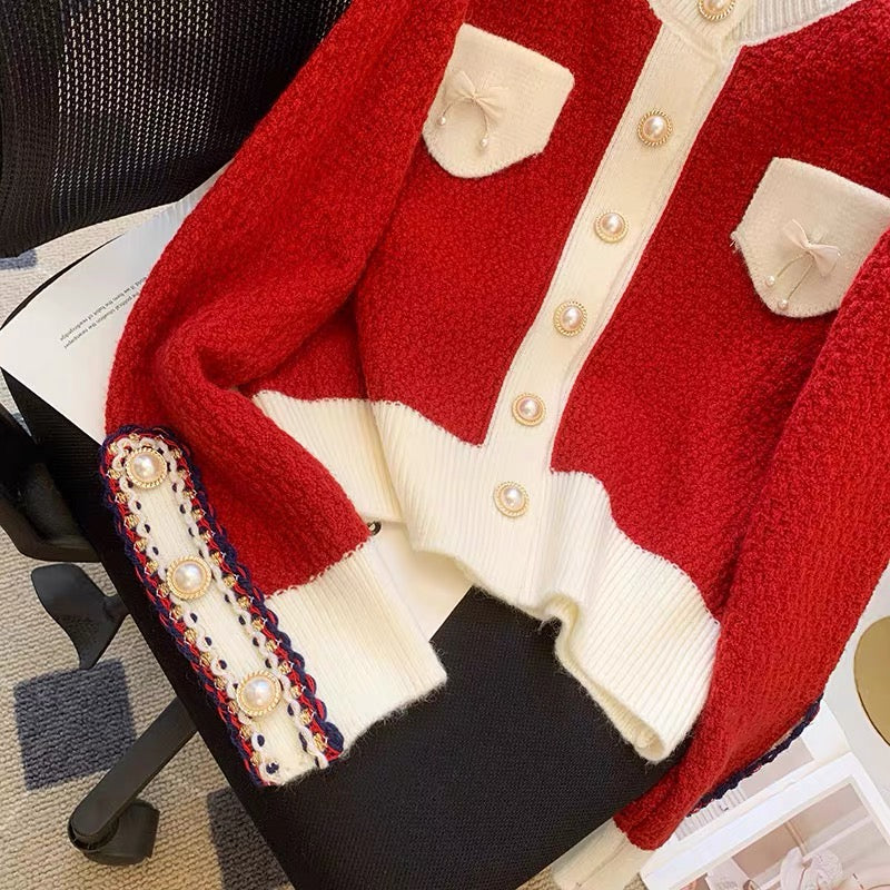This year's popular beautiful bow sweater women's autumn design niche contrasting color knitted cardigan gentle wind jacket