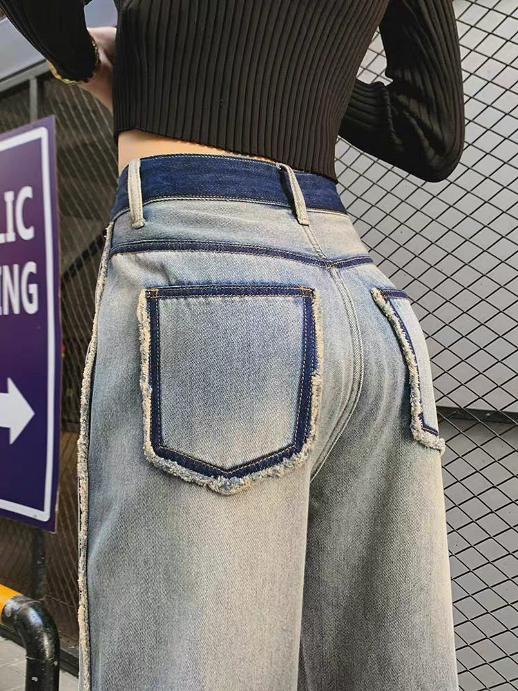 High-waisted wide-leg jeans women's straight-leg loose pants 2023 autumn new style raw edges contrasting color splicing design mopping the floor (P130)