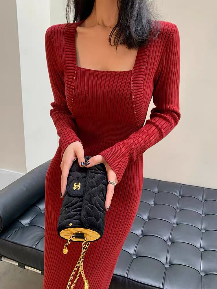 WANGXO Square Neck Red Knitted Dress Slim-fitting Waist Slim Christmas New Year Bottoming Shirt Mid-Length Skirt (B1715)