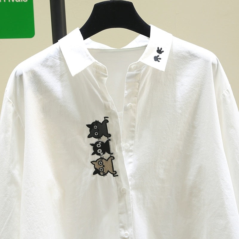 Artistic embroidered long-sleeved white shirt for women 2024 spring and autumn new loose versatile shirt chic bottoming top