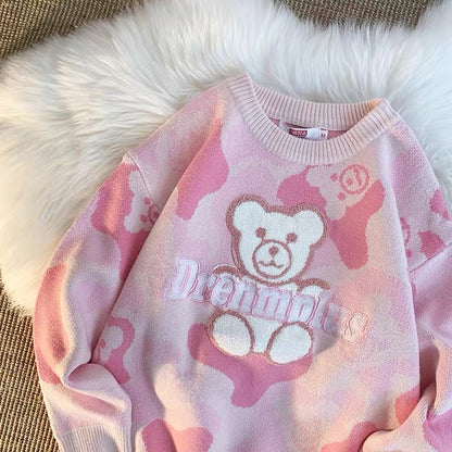 Bear's lazy style pink style autumn and winter thickened trendy brand ins loose and versatile sweater for men and women Korean style knitted (T0673)