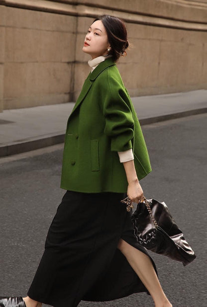 [Dujia Custom-dyed Wild Green] handmade double-sided cashmere wool banana sleeve coat