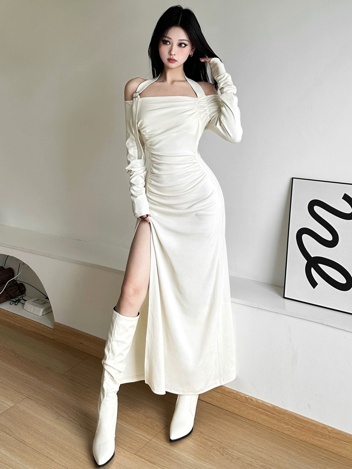 KLIOU cool style solid color halter neck one-shoulder long-sleeved dress women's niche pleated slit long skirt autumn
