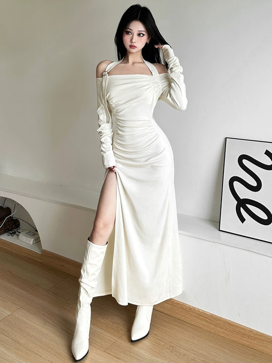 KLIOU cool style solid color halter neck one-shoulder long-sleeved dress women's niche pleated slit long skirt autumn