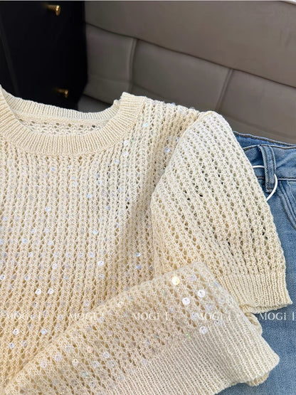 Women's Summer T-Shirt: Stylish, Chic, and Unique Design Featuring Heavy-Duty Sequins, a Round Neck, and Short Sleeves—A Slimming Top with a Distinctive Flair.