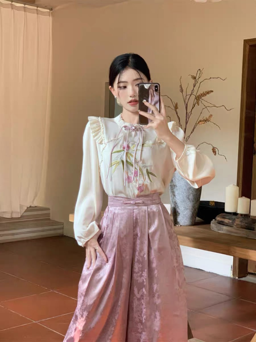 kumikumi new Chinese suit women's embroidered loose long-sleeved shirt early autumn high-waist skirt culottes two-piece set
