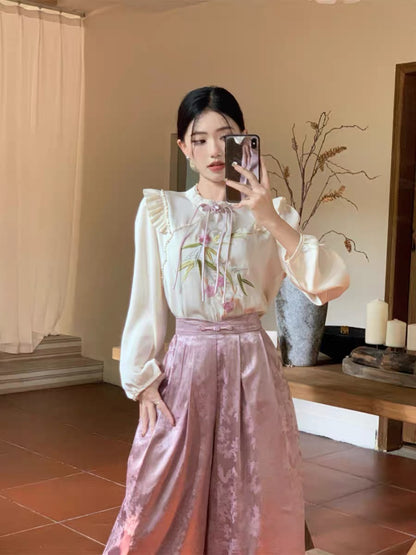 kumikumi new Chinese suit women's embroidered loose long-sleeved shirt early autumn high-waist skirt culottes two-piece set