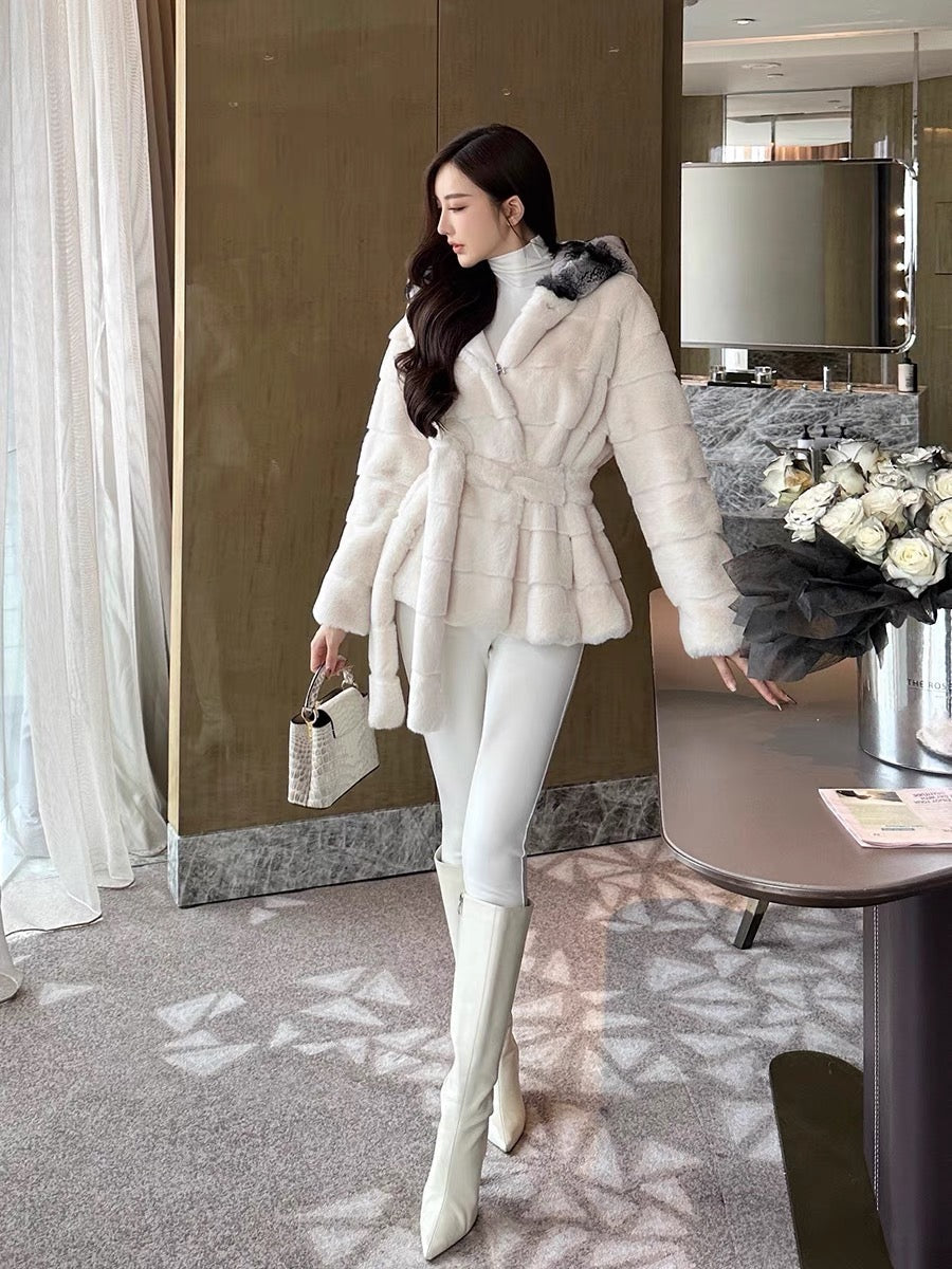 Shanxi said rabbit fur chinchilla hat with imitation Danish mink eco-friendly fur coat, feminine high-end lace-up warm coat (B1316)