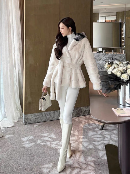 Shanxi said rabbit fur chinchilla hat with imitation Danish mink eco-friendly fur coat, feminine high-end lace-up warm coat (B1316)