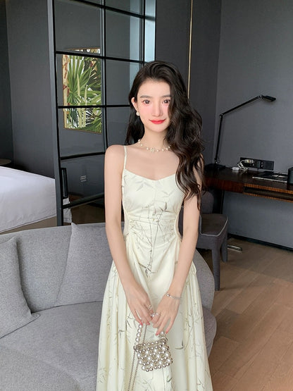 Deng Liuliu printed satin suspender dress women's summer draping waist to show figure design new Chinese style long skirt