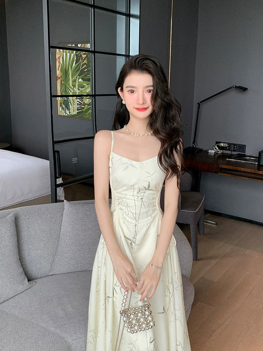 Deng Liuliu printed satin suspender dress women's summer draping waist to show figure design new Chinese style long skirt