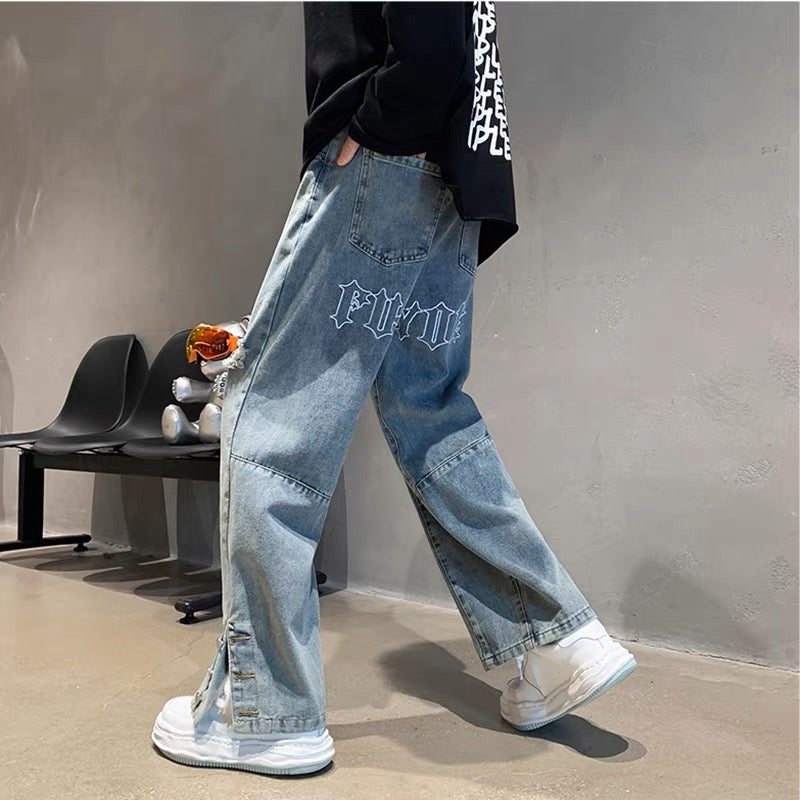Design sense breasted slit jeans men's trendy ins high street straight loose American style vibe hole casual pants