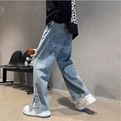 Design sense breasted slit jeans men's trendy ins high street straight loose American style vibe hole casual pants