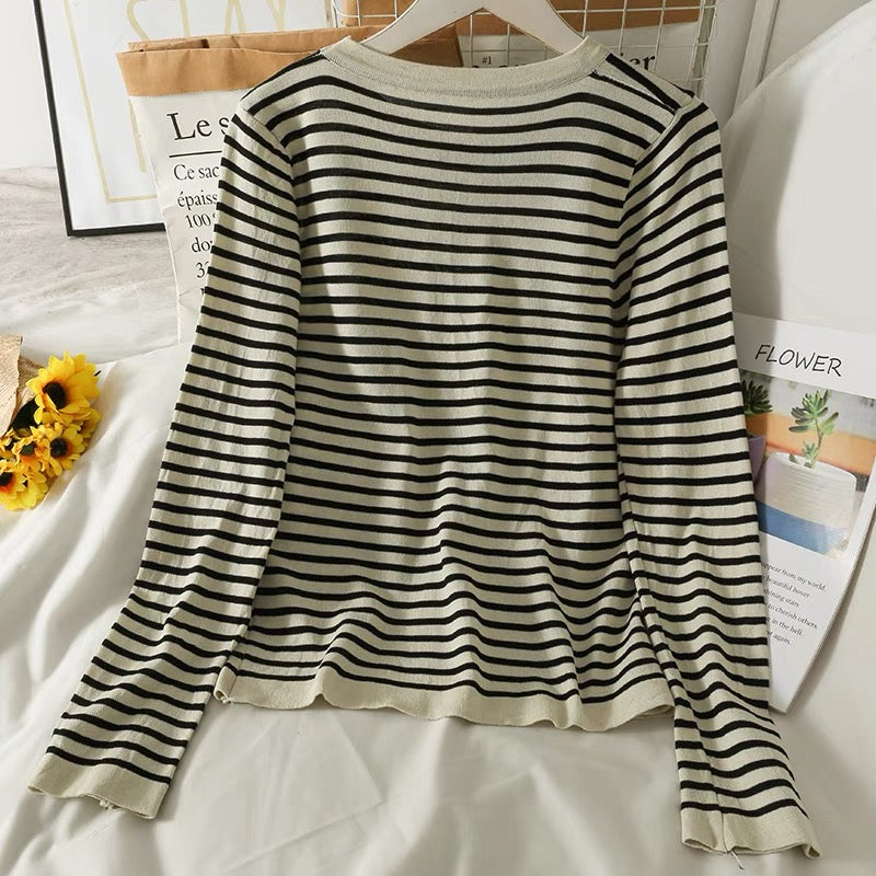 Suit Women's New Striped Slim Fit Round Neck Long Sleeve Knitted Bottoming Shirt Drawstring Tie High Waisted Wide Leg Pants Autumn