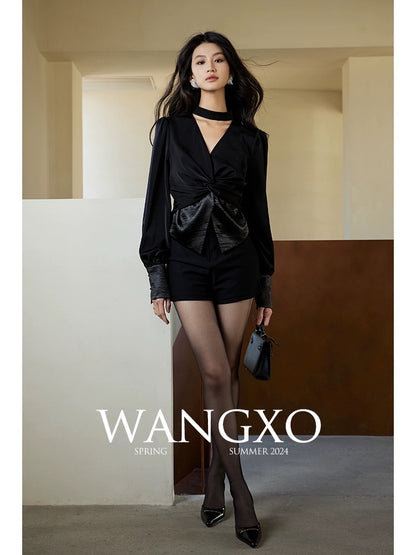 WANGXO丨High-definition and luxurious matte walnut satin丨V-neck halterneck waist-cinching splicing design long-sleeved shirt for women