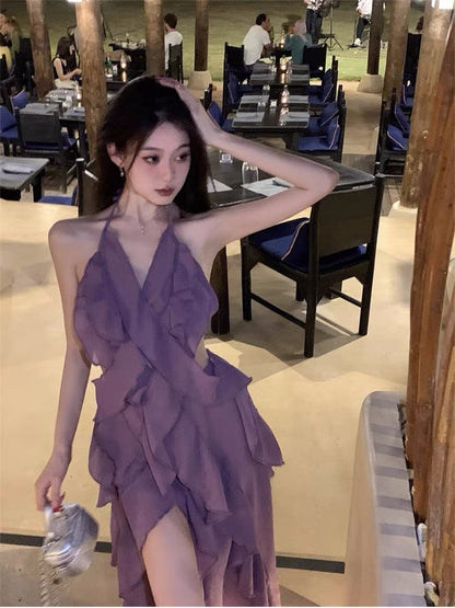 Large size French super fairy purple sling dress female summer ruffled v-neck sexy open back seaside beach dress