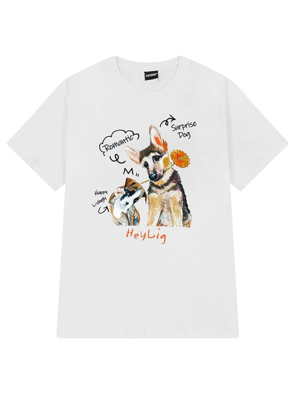 Cartoon dog pure cotton short-sleeved T-shirt for men and women ins summer trend casual versatile Hong Kong style loose short-sleeved T-shirt top