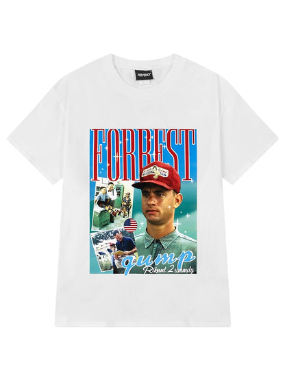 Heavy American retro poster pattern pure cotton short-sleeved T-shirt men and women loose summer ins casual half-sleeve five-point sleeves
