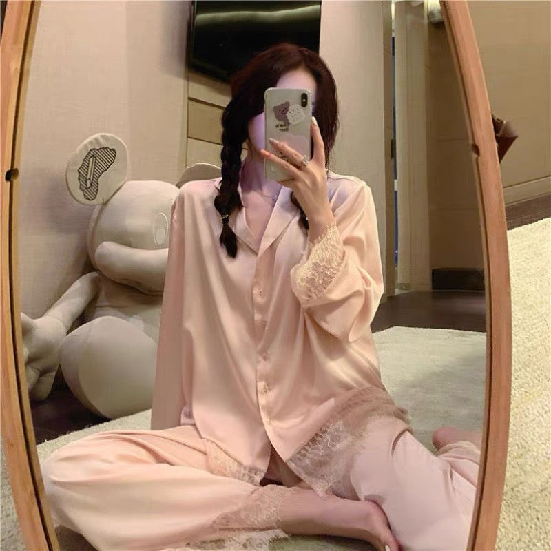 Pajamas for women spring and autumn new ice silk retro princess style long-sleeved summer thin style Internet celebrity sweet home wear two-piece suit