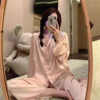 Pajamas for women spring and autumn new ice silk retro princess style long-sleeved summer thin style Internet celebrity sweet home wear two-piece suit