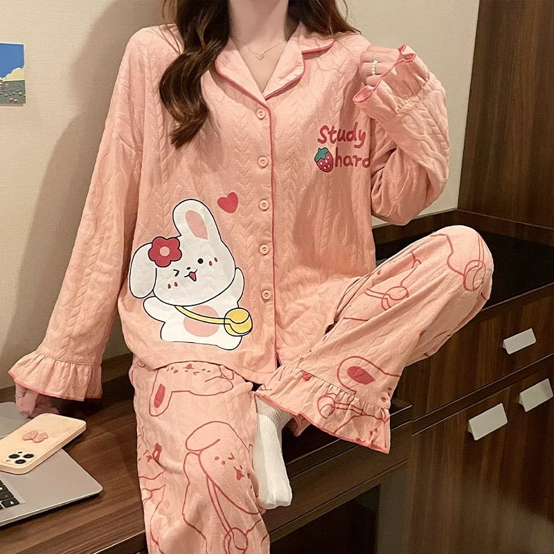 Pajamas women summer cardigan long-sleeved trousers suit summer ladies 2024 new cartoon spring autumn winter home clothes