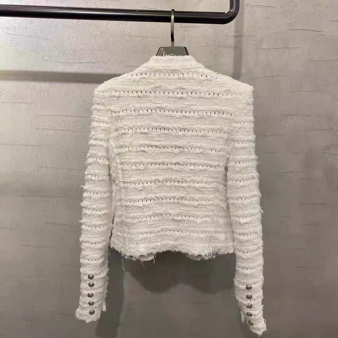 European Station Autumn and Winter New Style Slim Fit Socialite Double-row Metal Button Tassel Jacquard Braided Knitted Short Jacket for Women