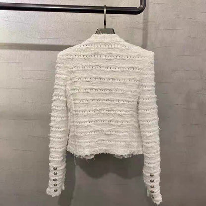 European Station Autumn and Winter New Style Slim Fit Socialite Double-row Metal Button Tassel Jacquard Braided Knitted Short Jacket for Women