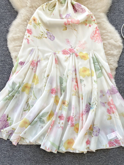 French Dress 2024 New Sexy Feminine High-Level Printed Slim Mid-Length Ruffled Suspender Skirt