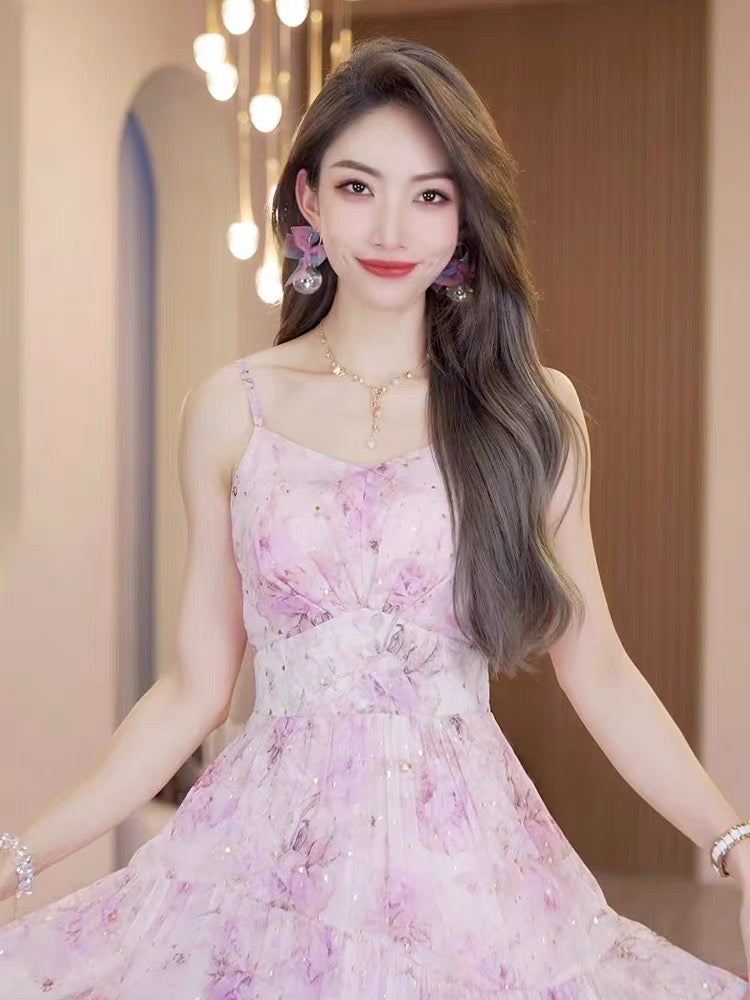 Celebrity suspender skirt female floral dress 2023 new summer high-end temperament light and familiar wind over-the-knee beautiful long skirt