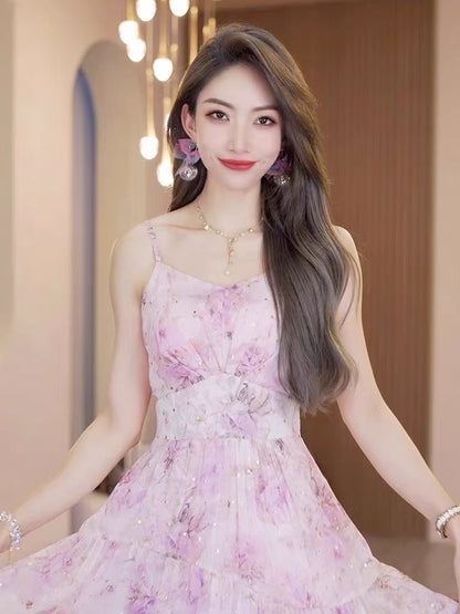 Celebrity suspender skirt female floral dress 2023 new summer high-end temperament light and familiar wind over-the-knee beautiful long skirt