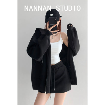 Street hottie lazy dressing tutorial loose thick hooded sweater suit women's high waist sports skirt two-piece suit