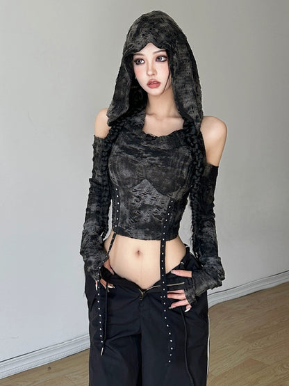KLIOU apocalyptic wasteland style hand-made frayed hooded off-shoulder long-sleeved T-shirt women's slim high-waist personalized short top