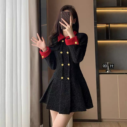 Early spring 2023 new tea break French Hepburn style small suit skirt for women high-end long-sleeved black dress