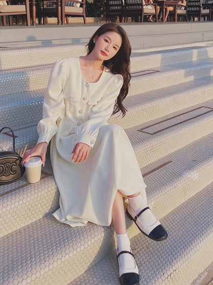 Off-white small fragrant dress autumn women's 2023 new textured French style gentle and elegant temperament A-line skirt