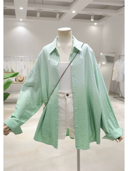 Soft and glutinous texture gradient color 2024 summer loose slim medium and long hip striped long-sleeved shirt for women