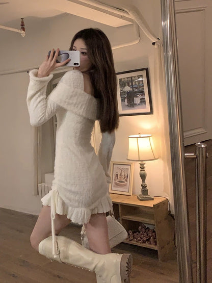DREAM SEVEN77 long-sleeved one-shoulder plush knitted dress for women 2024 spring new short style slimming