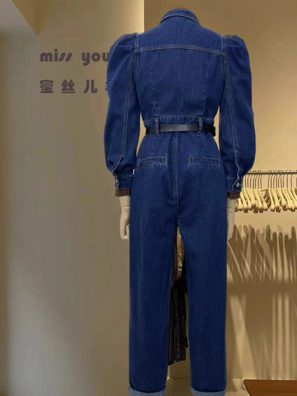 Miser Sheep 2023 New Retro Warlord Miss Double-breasted Puff Sleeve Long Sleeve High Waist Denim Jumpsuit (S0930)