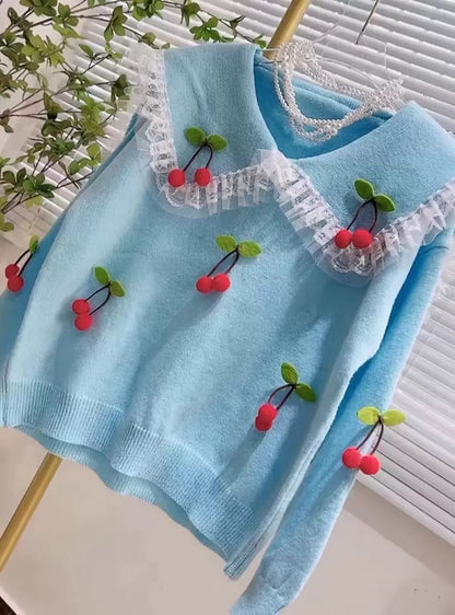Lazy style cherry sweater for women in autumn and winter new loose style contrasting color lace stitching doll collar pullover sweater T9399