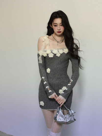 Shao Ye Yan Australian Wild Rose French Lace Off-shoulder Dress Women's Autumn and Winter Long Sleeve Slimming Hip Skirt Short Skirt