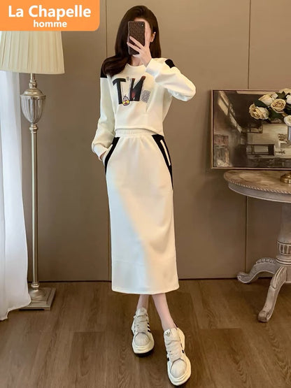 La Chapelle casual sports suit skirt women's autumn and winter 2023 new fashionable style sweatshirt two-piece set plus velvet