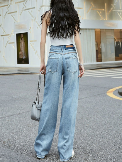 Light blue contrast high waist straight ripped jeans for women loose wide leg 2024 spring new style hip lift design mopping