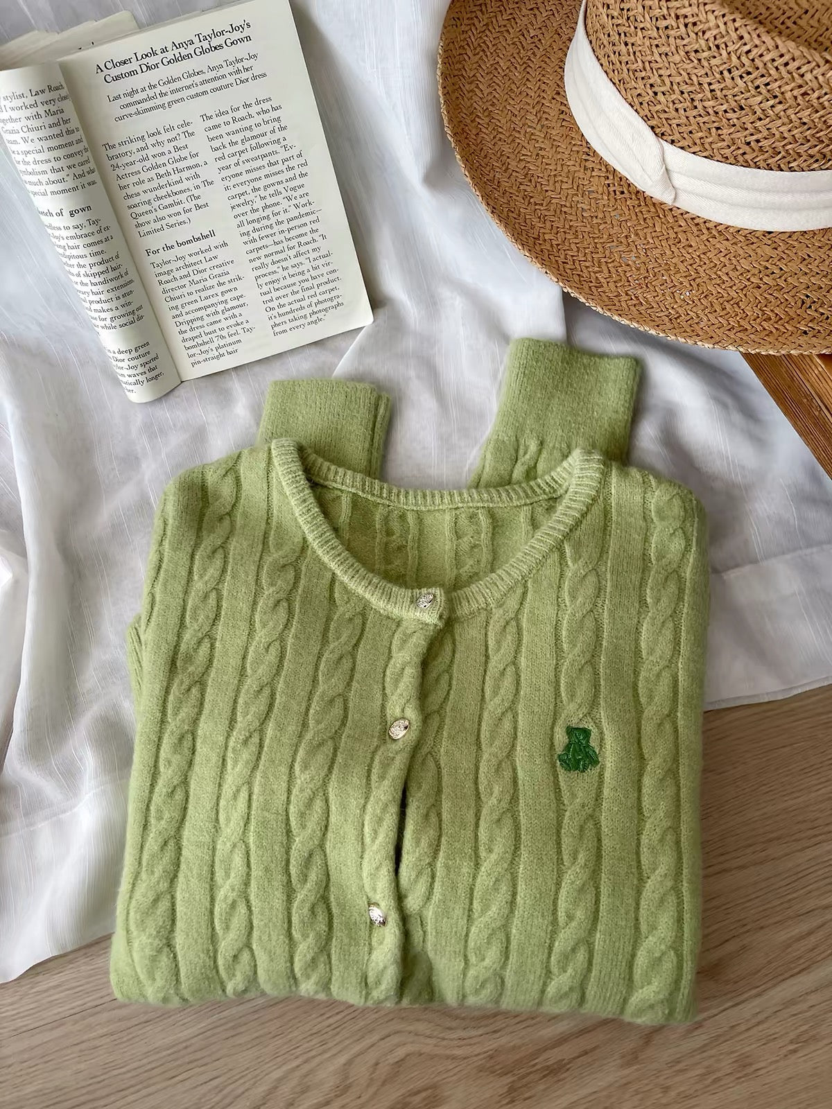 Women's Japanese/Korean-style retro cable-knit cardigan; soft, cozy, and versatile with a round neck and cute bear embroidery—perfect for autumn.