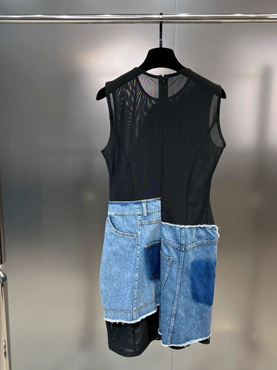 Grapefruit MM 2023 autumn round neck sleeveless see-through yarn denim splicing receiver waist slim sweet cool wind dress tide