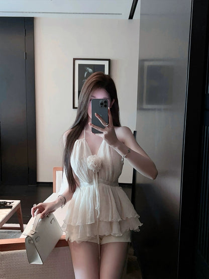 FairyJiang 2024 summer new halter neck white suspender top female ruffle sleeveless vest small shirt