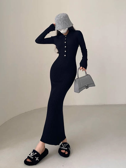 YoungGirlDay Pure Sexy Sexy Slim Lapel Long Sleeve Knitted Buttocks Fishtail Dress Long Skirt (B1810)
