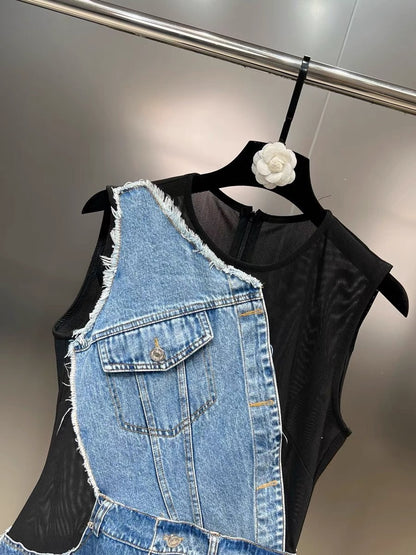 Grapefruit MM 2023 autumn round neck sleeveless see-through yarn denim splicing receiver waist slim sweet cool wind dress tide