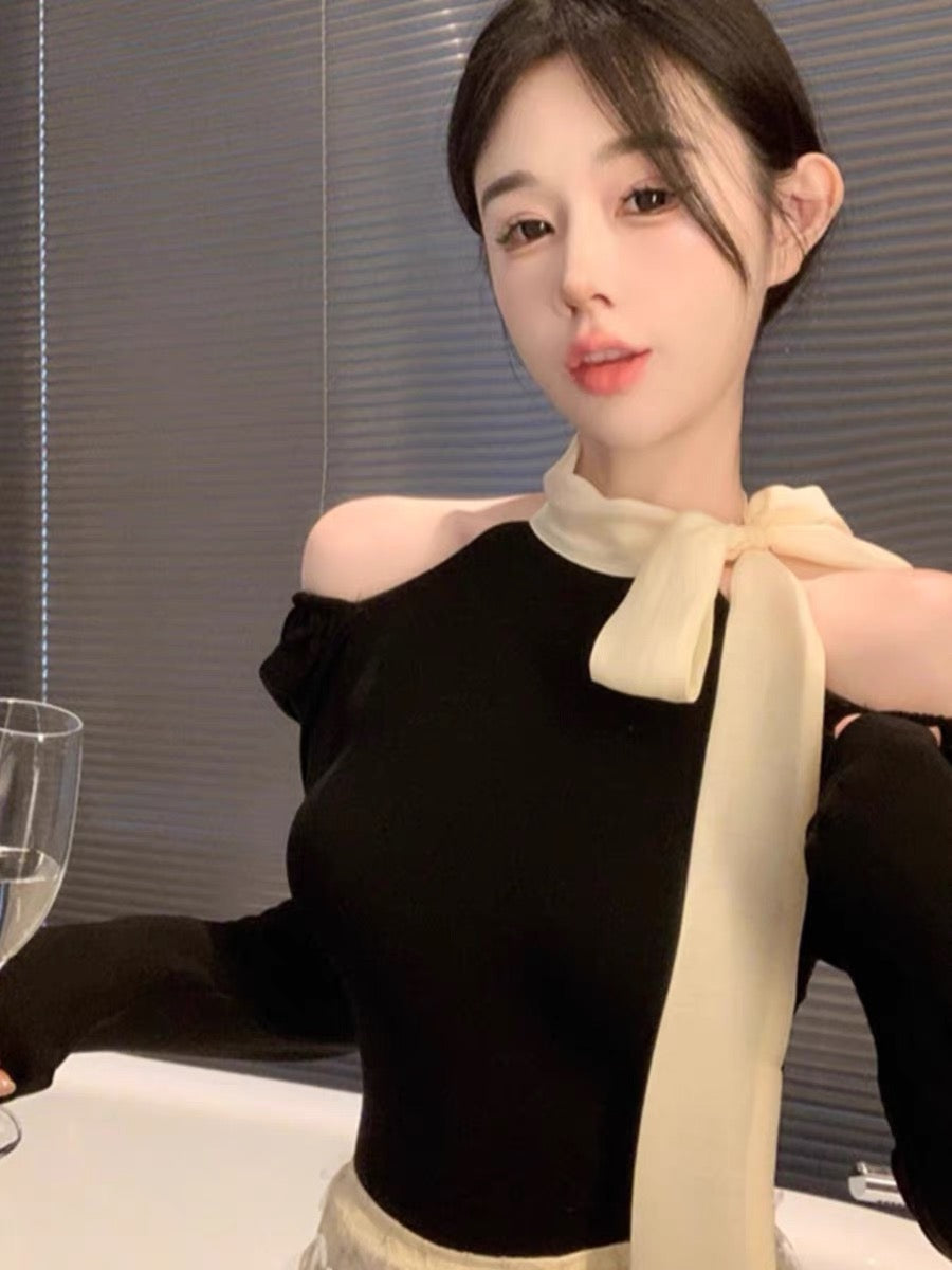 Autumn clothing, versatile halter neck, bow tie, slimming sweater for women, empty shoulder, long-sleeved top, layered with bottoming shirt