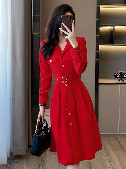 Red small fragrant dress for women autumn 2023 new waist slimming slim mid-length high-end temperament skirt