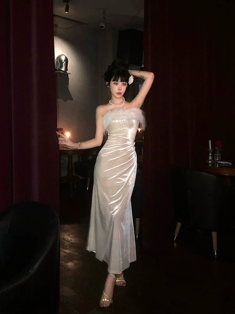 Aunt Barbie's annual party velvet tube top dress women's autumn and winter exquisite birthday dress furry long skirt New Year's shirt