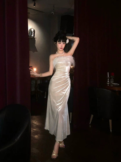 Aunt Barbie's annual party velvet tube top dress women's autumn and winter exquisite birthday dress furry long skirt New Year's shirt